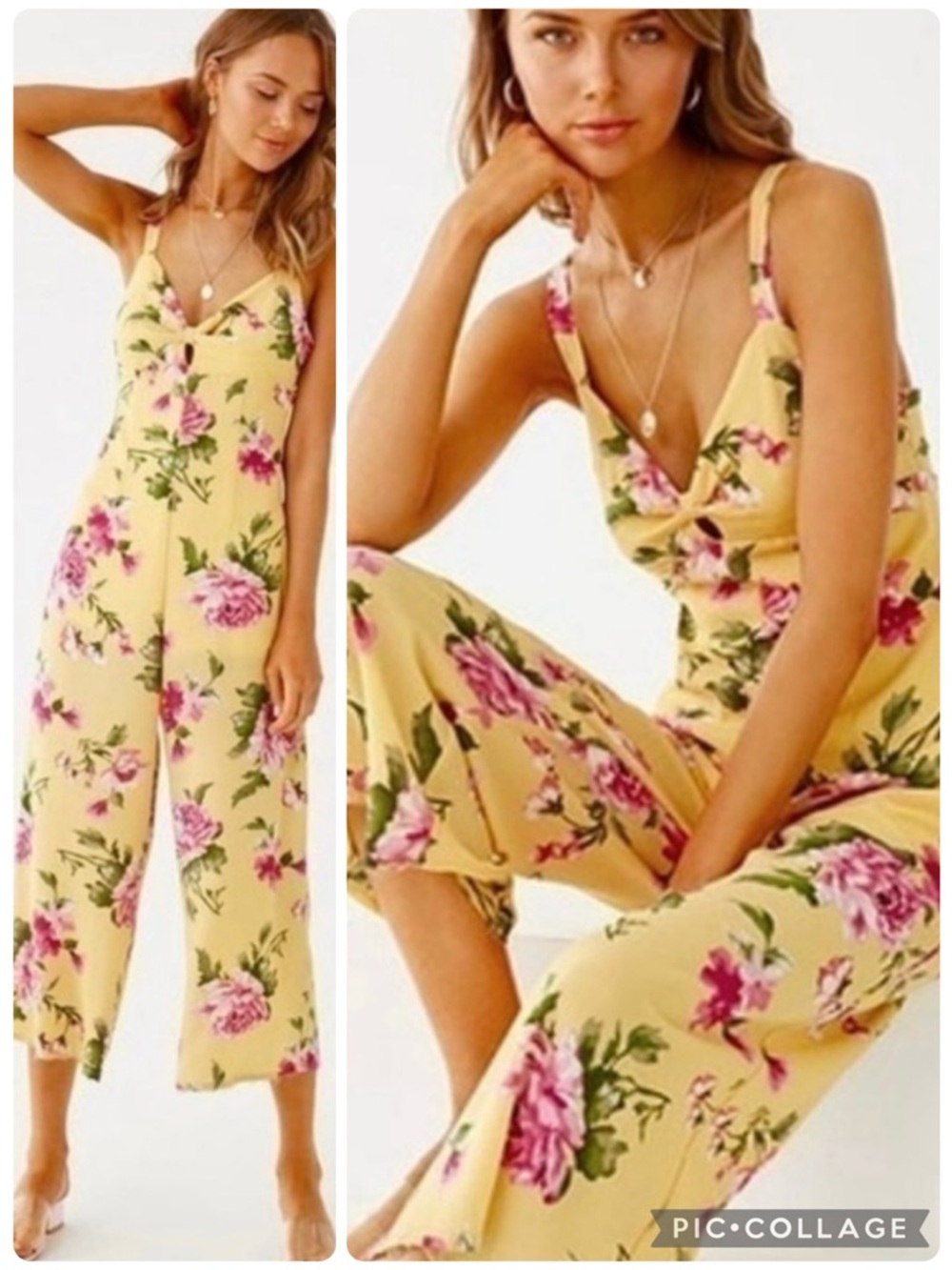 Favlux Jumpsuit Cropped Yellow Floral Wide Leg Keyhole NWT L (Jrs)/S (Ladies)